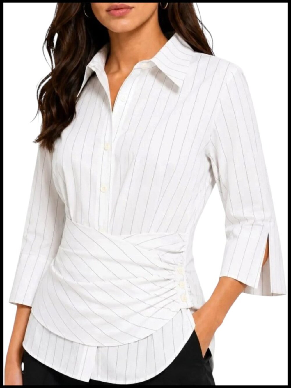 Finley Kenny Button Down Shirt White Black Pinstripe Wrap Waist XL